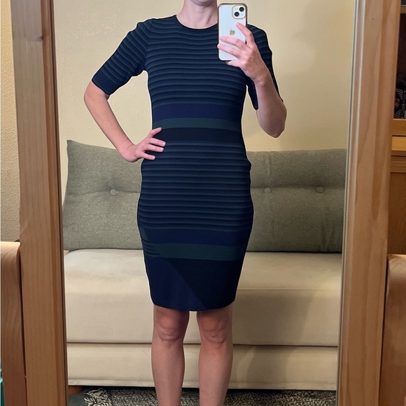 John + Jenn Knit Dress - Women's Medium Green Black Navy EUC - Striped Office - Picture 11 of 13